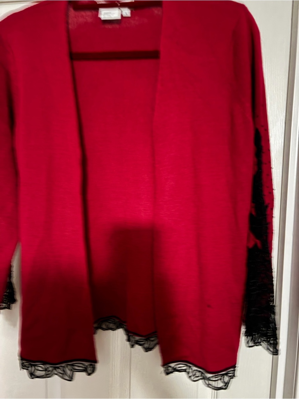 Red Women's Cardigan Sweater with Black Lace Trim